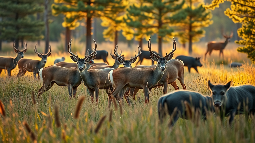 White-tailed deer and wild hogs in longleaf pine forest at Eufaula National Wildlife Refuge.