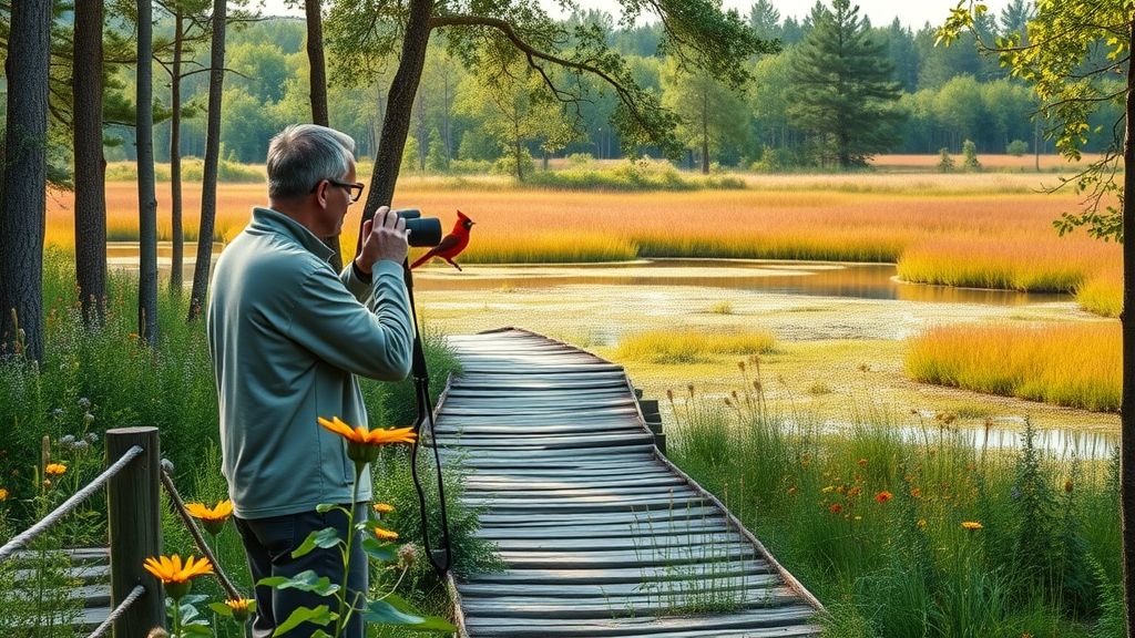 Visitor birdwatching from trail in Eufaula National Wildlife Refuge among wildflowers and wetlands.