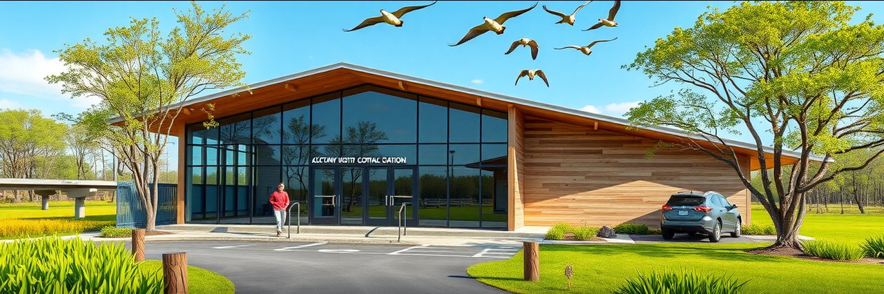 Choctaw National Wildlife Refuge admin building and visitor center with lush wetlands and migratory birds
