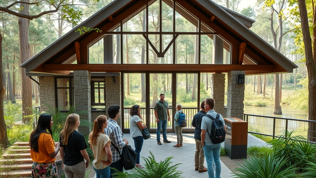 Choctaw National Wildlife Refuge admin building blending with forest and visitors