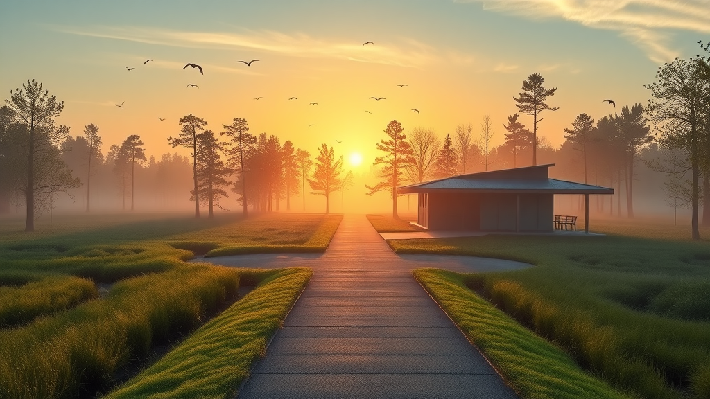 Morning view of Choctaw National Wildlife Refuge visitor contact station and wetlands