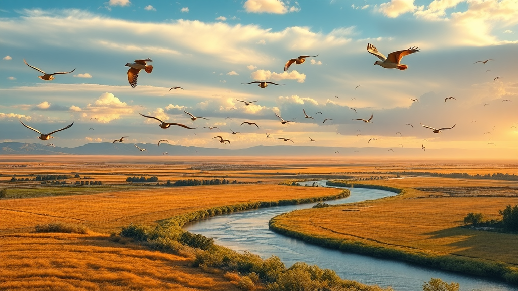 Wetlands and meadows at Alamosa National Wildlife Refuge with migratory birds