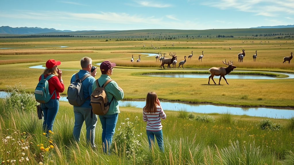 Family watching elk and cranes at Alamosa National Wildlife Refuge