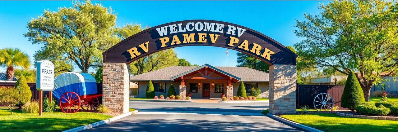 RV park amenities showcased at scenic entrance with inviting archway and landscaping.