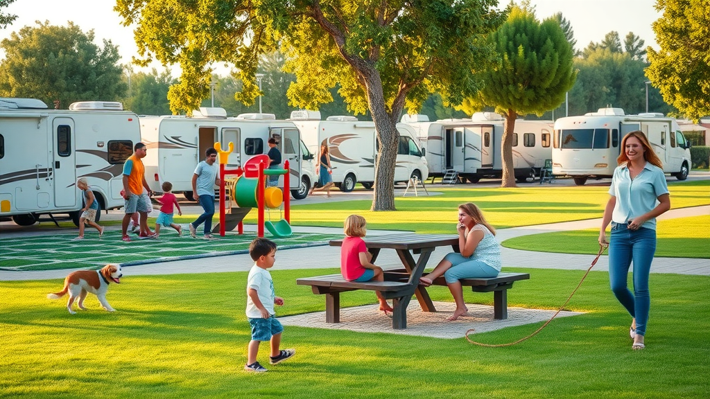 RV park amenities with playground, picnic areas, and pet-friendly spaces
