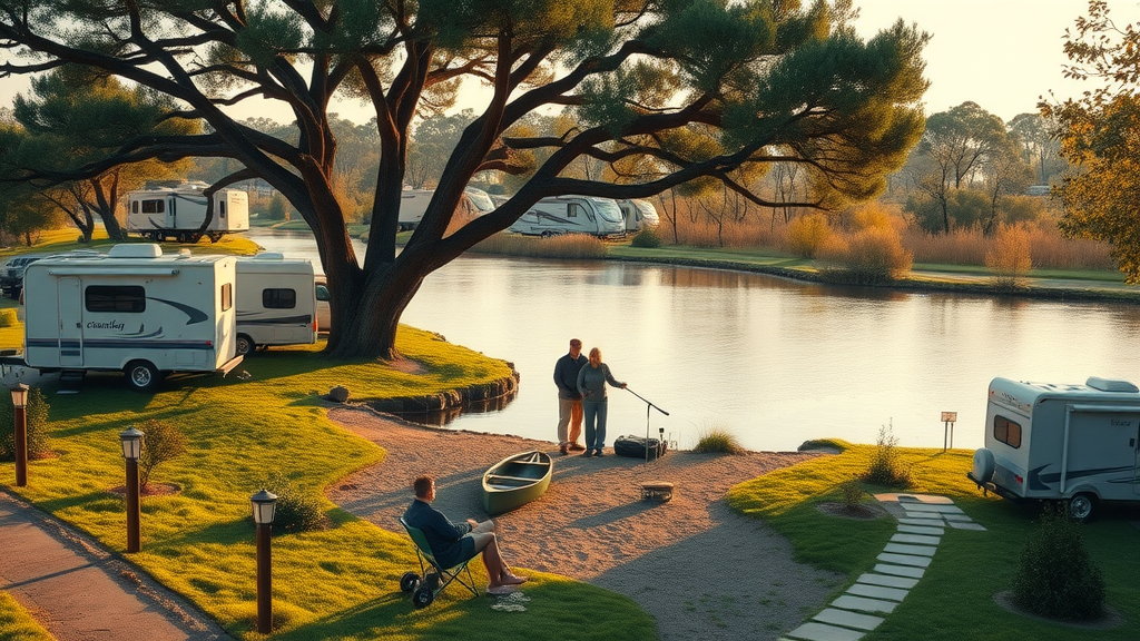 Riverside RV park amenities with shade, canoeing, and peaceful campsites