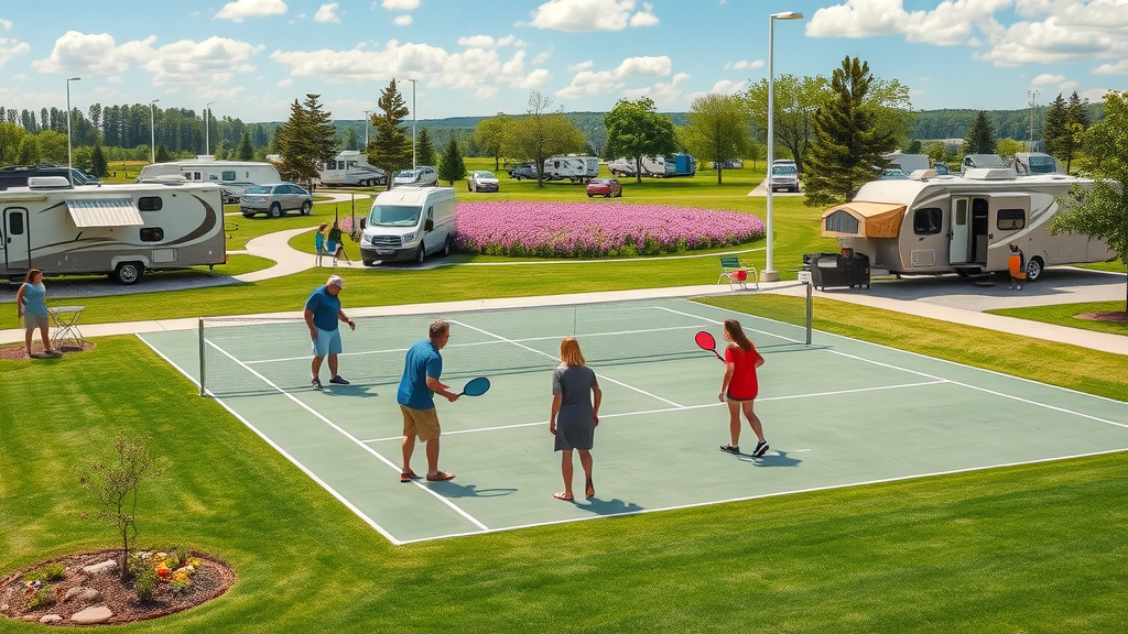 RV park amenities with pickleball court, central meadow, and recreation spaces