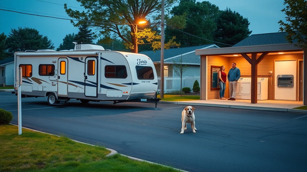 Accessible RV park amenities with pet area, laundry, and secure lighting