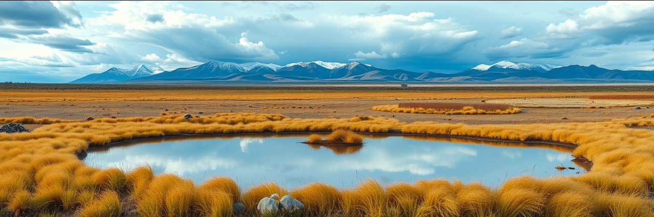 Vast wetland landscape at Arapaho National Wildlife Refuge with snow-capped mountains.