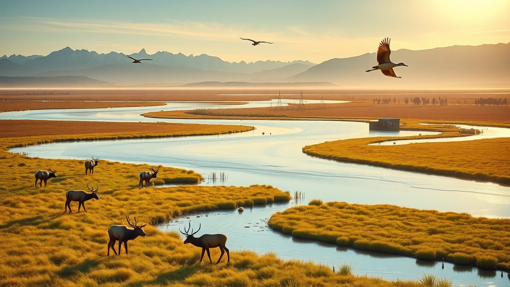 Elk and sandhill cranes in Arapaho National Wildlife Refuge wetlands with mountains