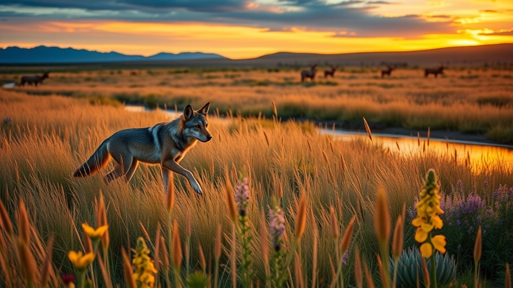 Coyote, elk, and wildflowers in Arapaho National Wildlife Refuge at sunset