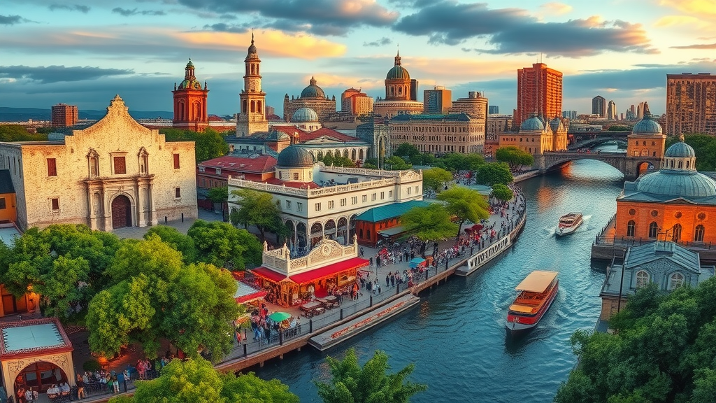 Panoramic image of San Antonio attractions with the Alamo and River Walk at sunset.