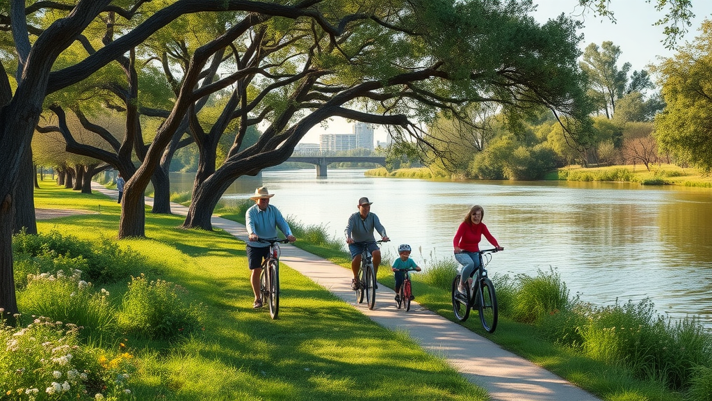 Peaceful riverside biking and fishing at San Antonio attractions park.