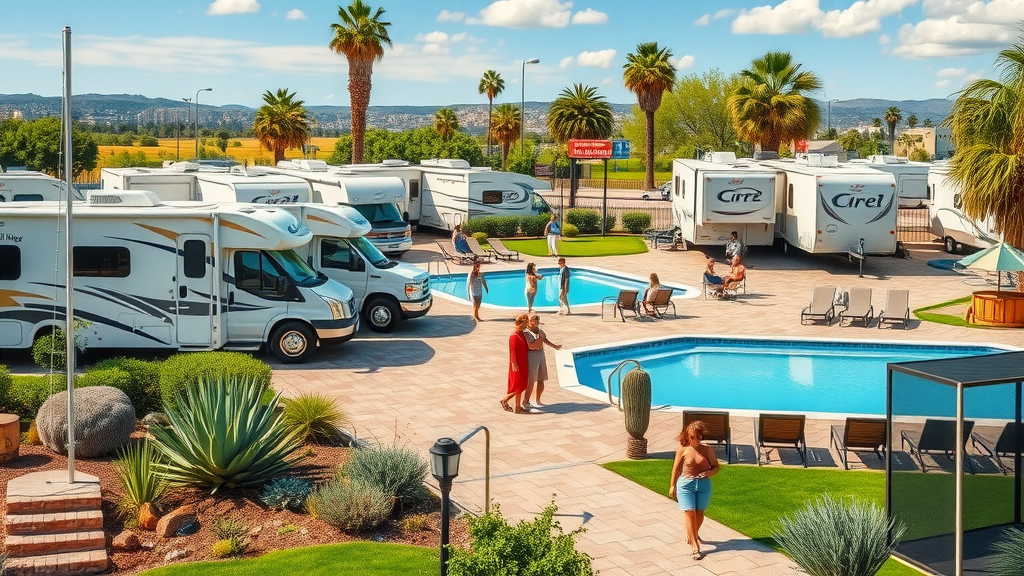 San Antonio attractions RV park with guests relaxing by pool and city background.