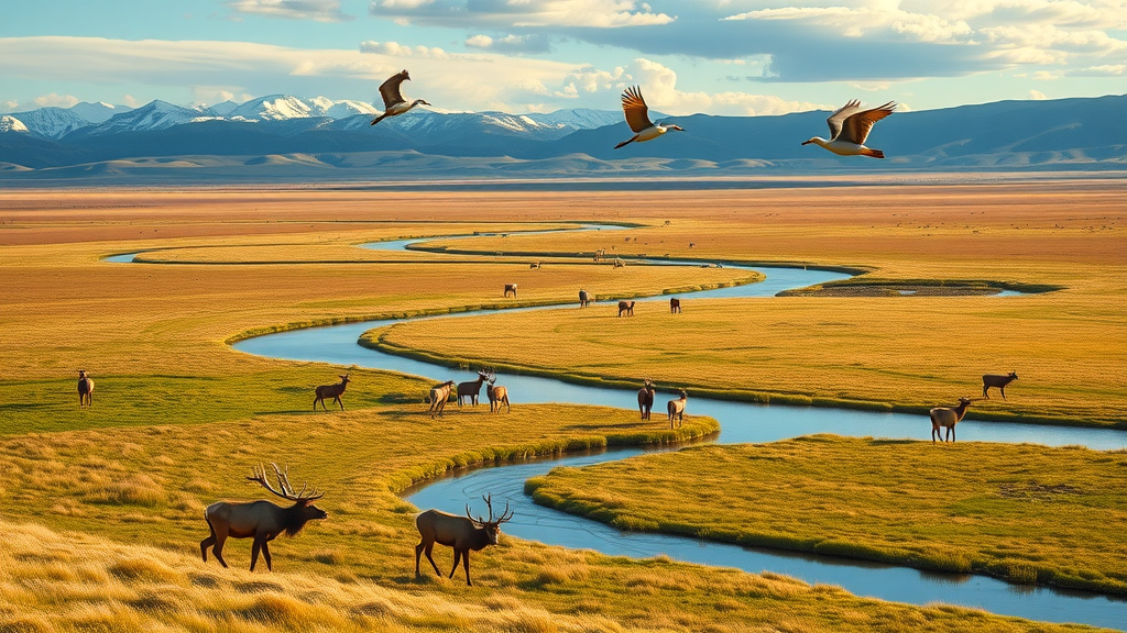 Baca National Wildlife Refuge wetlands with elk and cranes at sunrise, scenic mountains