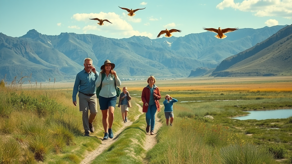 Visitors birdwatching at Baca National Wildlife Refuge trail, mountains visible