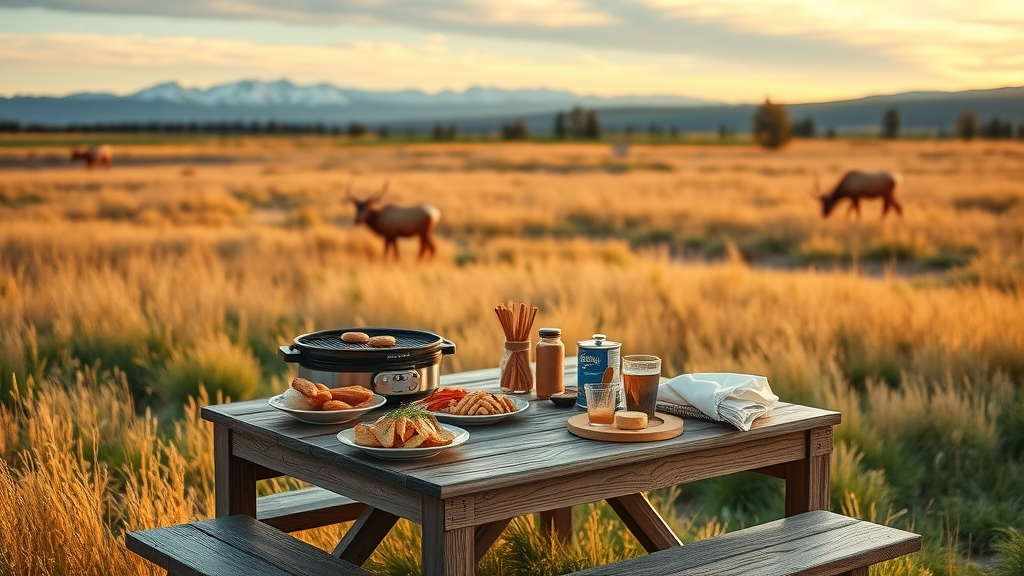Outdoor picnic with view of Baca National Wildlife Refuge grasslands and elk