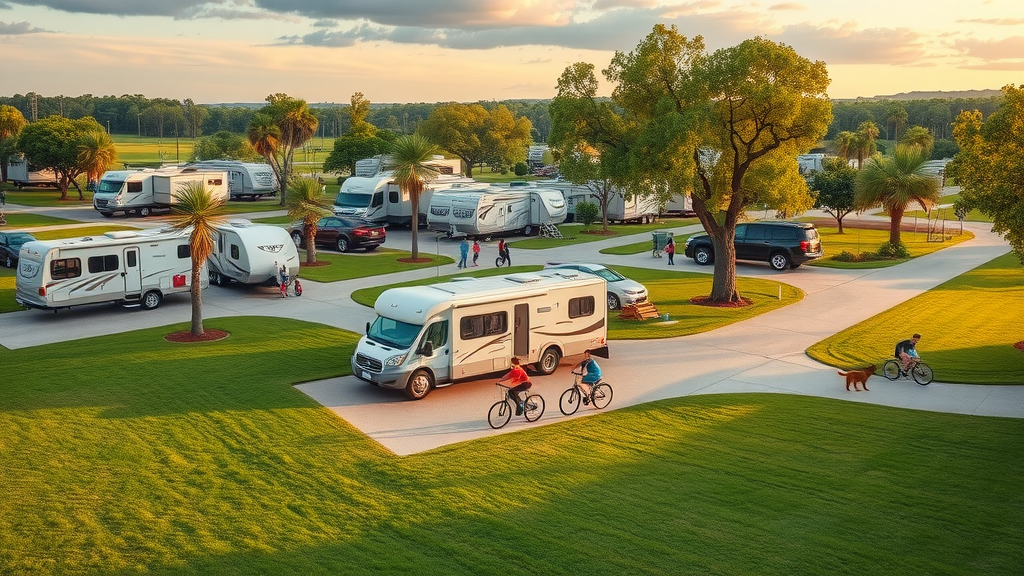 Modern RV park with families enjoying monthly RV rentals and amenities