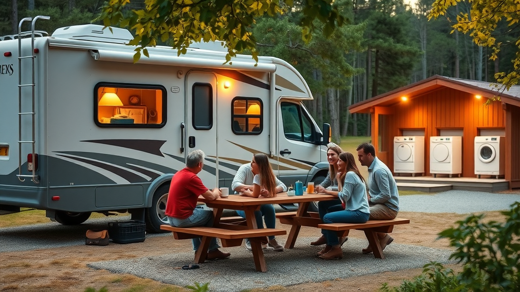 Family at monthly RV rental site with picnic, trails, and free amenities
