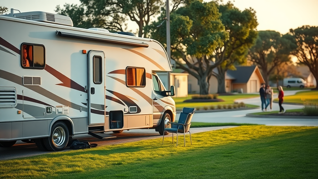 Digital nomad outside RV using WiFi in a vibrant monthly RV rental park