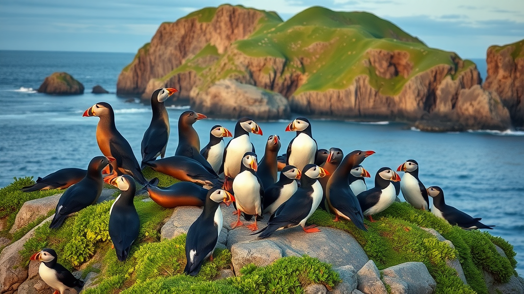 Alaska Maritime National Wildlife Refuge sea lions and puffins on coastal rocks