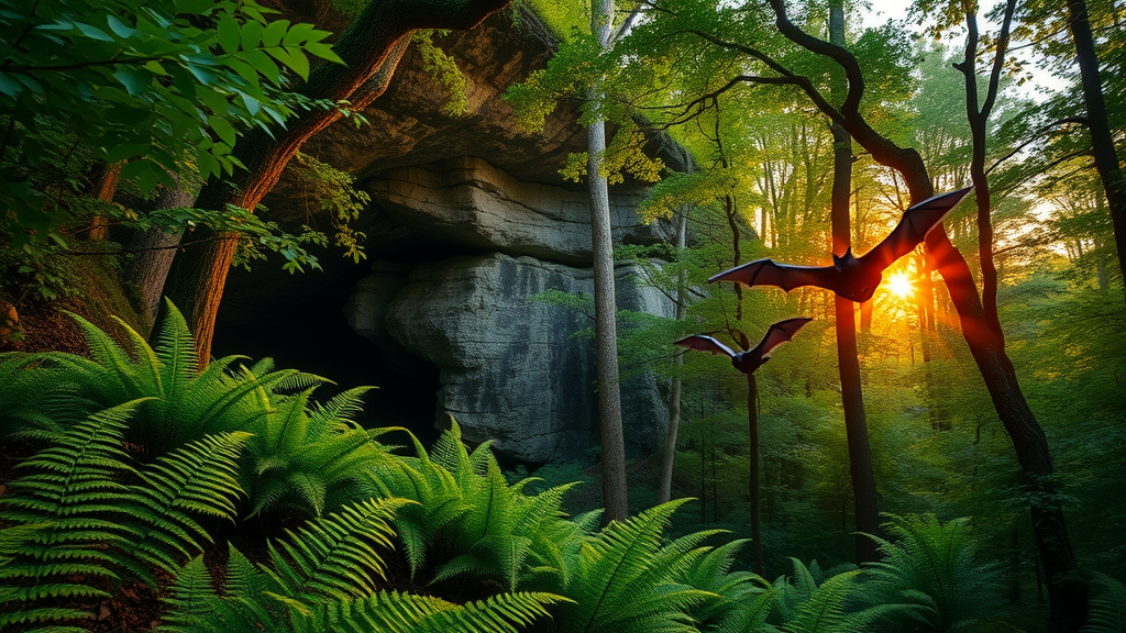 Fern Cave National Wildlife Refuge fern forest and cave entrance at dusk with gray bats.