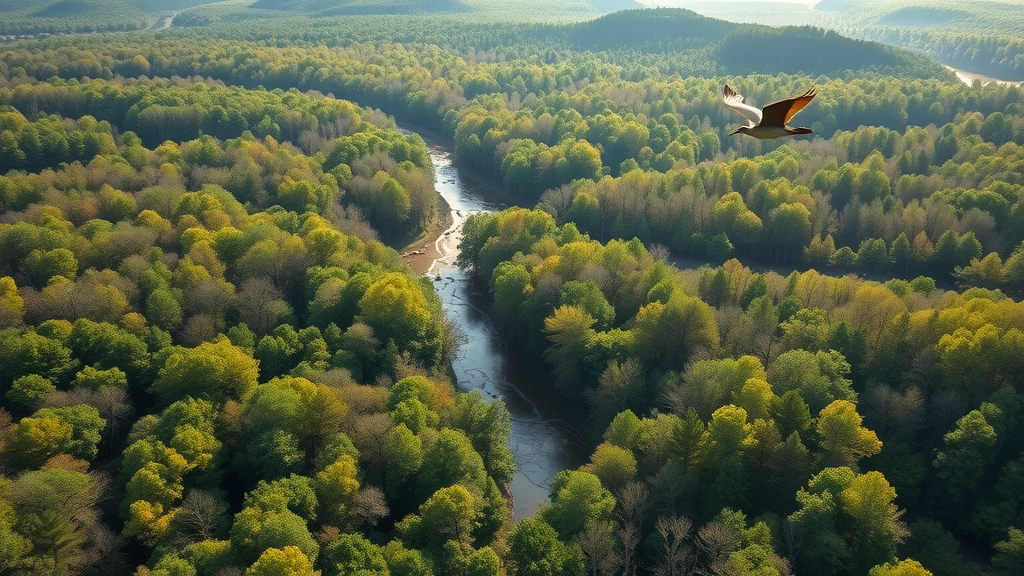 Aerial view of Fern Cave National Wildlife Refuge forest, streams, birds, and hidden cave.