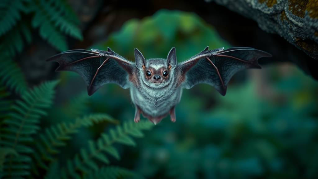 Fern Cave National Wildlife Refuge gray bat in flight by fern-lined cave at twilight.