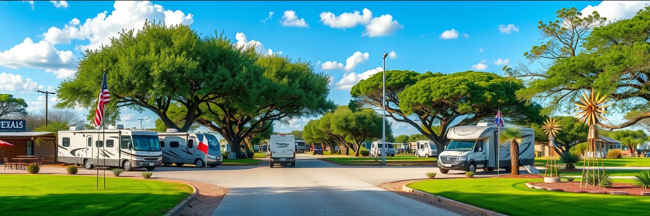 Serene San Antonio RV park entrance with green trees, RVs, and flags