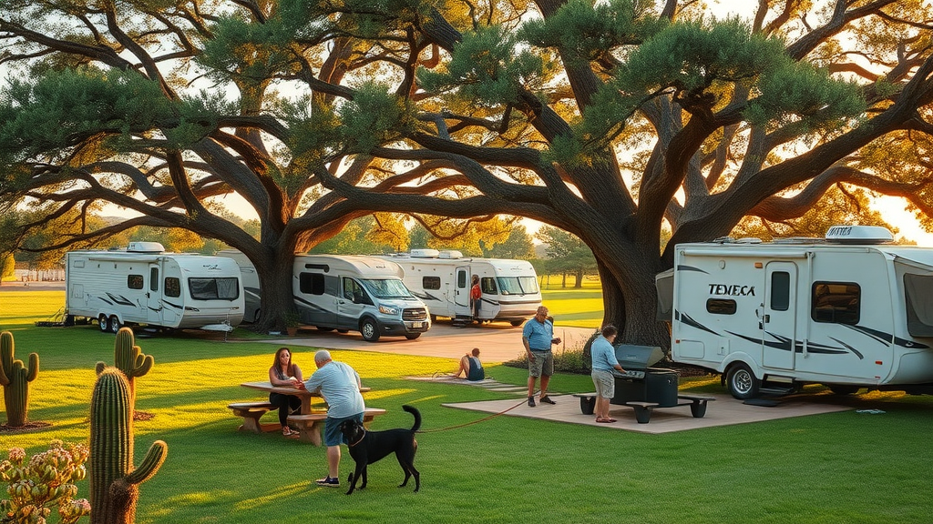 Families enjoy shaded picnic tables at a San Antonio RV park surrounded by oak trees.