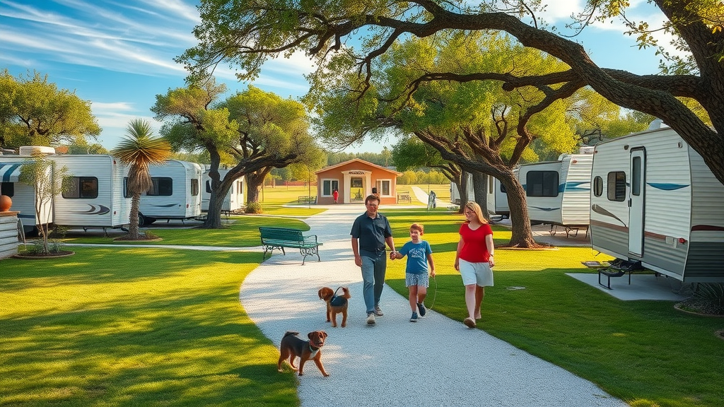 San Antonio RV park residents walk pets and chat near a bathhouse under blue skies.