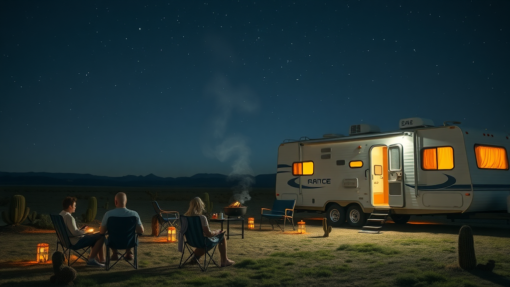 Guests stargazing and relaxing by campers at a tranquil San Antonio RV park at night.