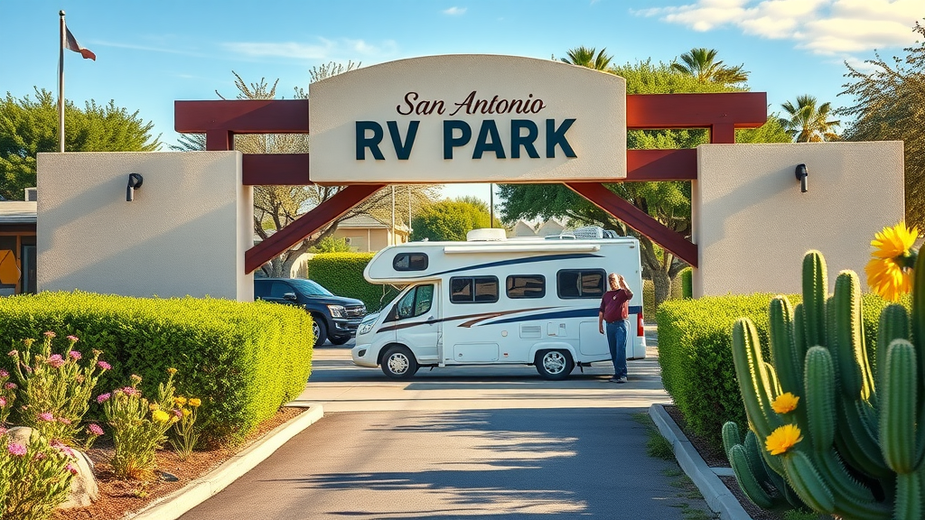 Friendly host greets RV guests at San Antonio RV park entrance with Texas wildflowers.