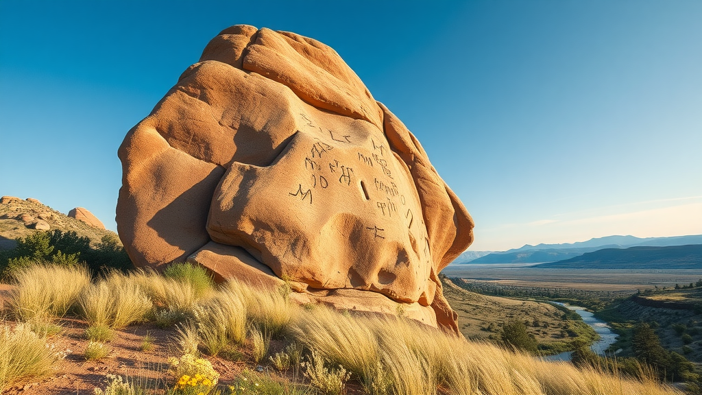Petroglyphs at Browns Park National Wildlife Refuge near wildflowers and Green River