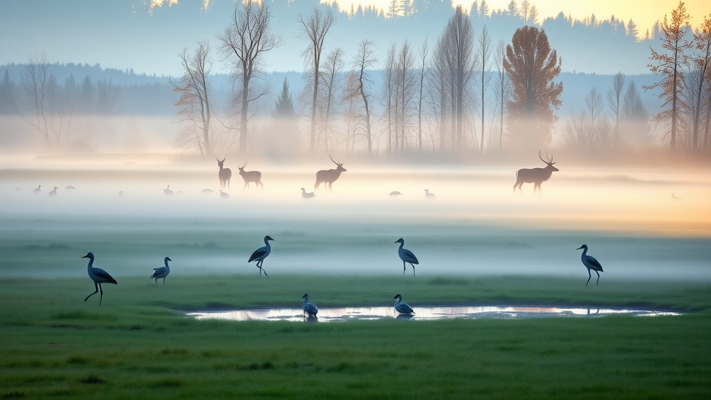Migratory birds and elk in Browns Park wetlands at sunrise with mist and cottonwoods