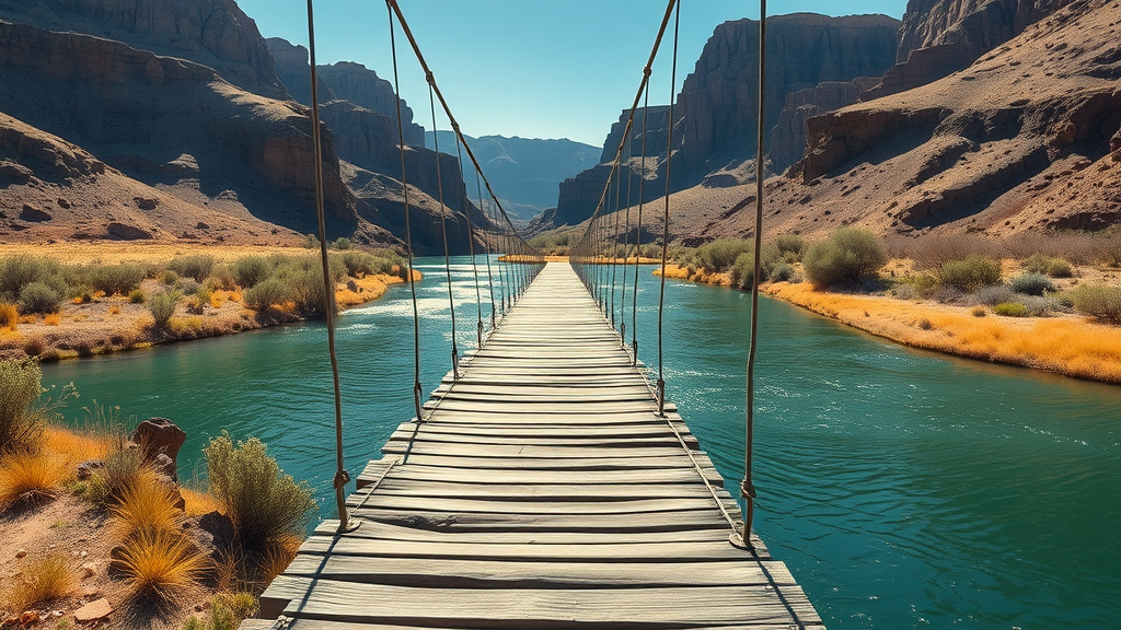 Swinging bridge over Green River in Browns Park National Wildlife Refuge canyon landscape