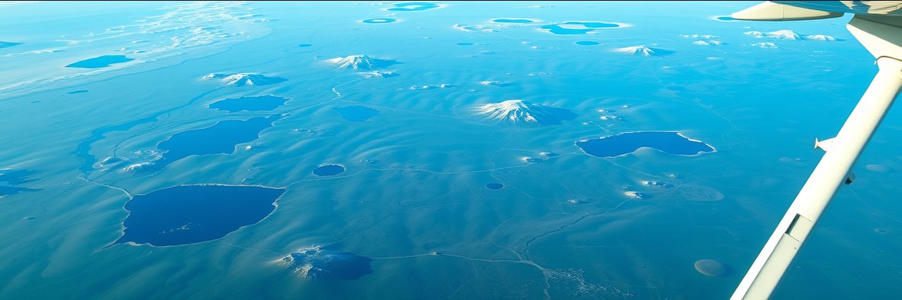 Aerial view of Arctic National Wildlife Refuge tundra and blue ponds from an airplane