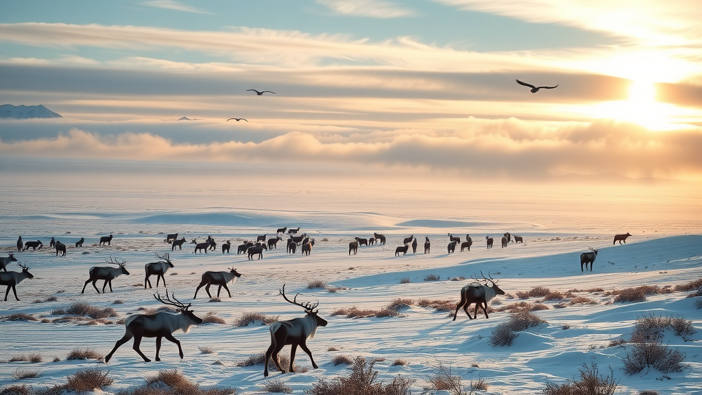 Pristine Arctic tundra with caribou and mountains in the arctic national wildlife refuge