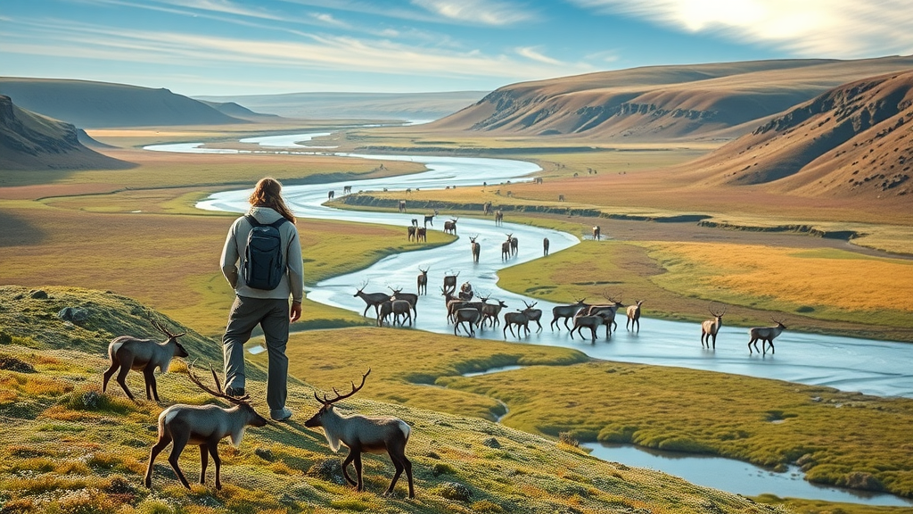 Indigenous observer watching migrating caribou in the arctic national wildlife refuge