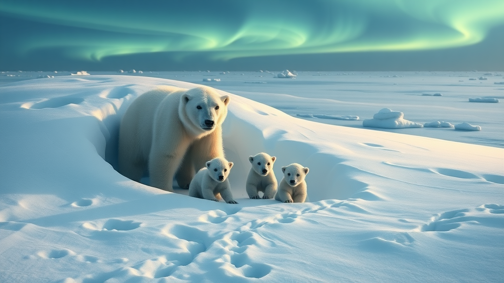 Polar bear family on snowy coast under northern lights in arctic national wildlife refuge