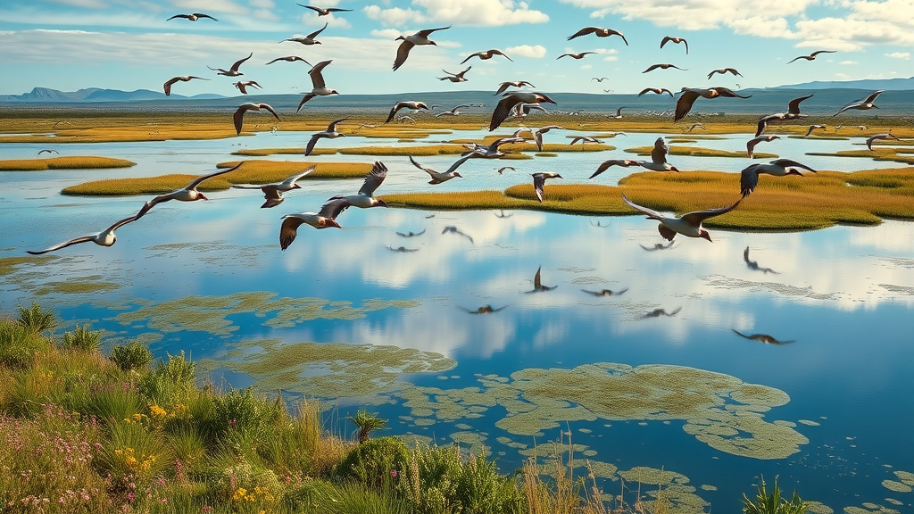 Migratory birds over wetlands in the arctic national wildlife refuge