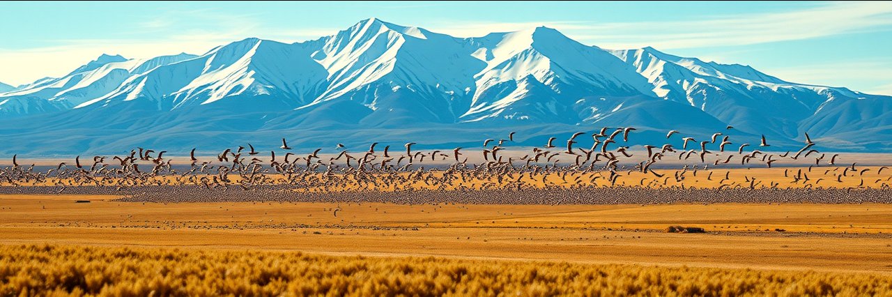 Snow-capped mountains and flocks of birds at Monte Vista National Wildlife Refuge