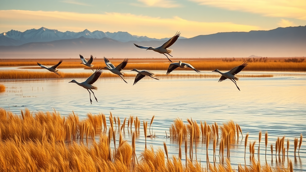 Sandhill cranes at Monte Vista National Wildlife Refuge in sunrise wetland scene