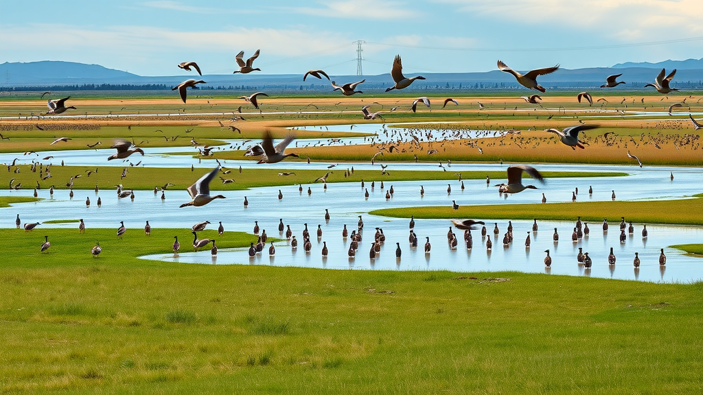 Waterfowl flock in wetland habitat Monte Vista National Wildlife Refuge mountain view