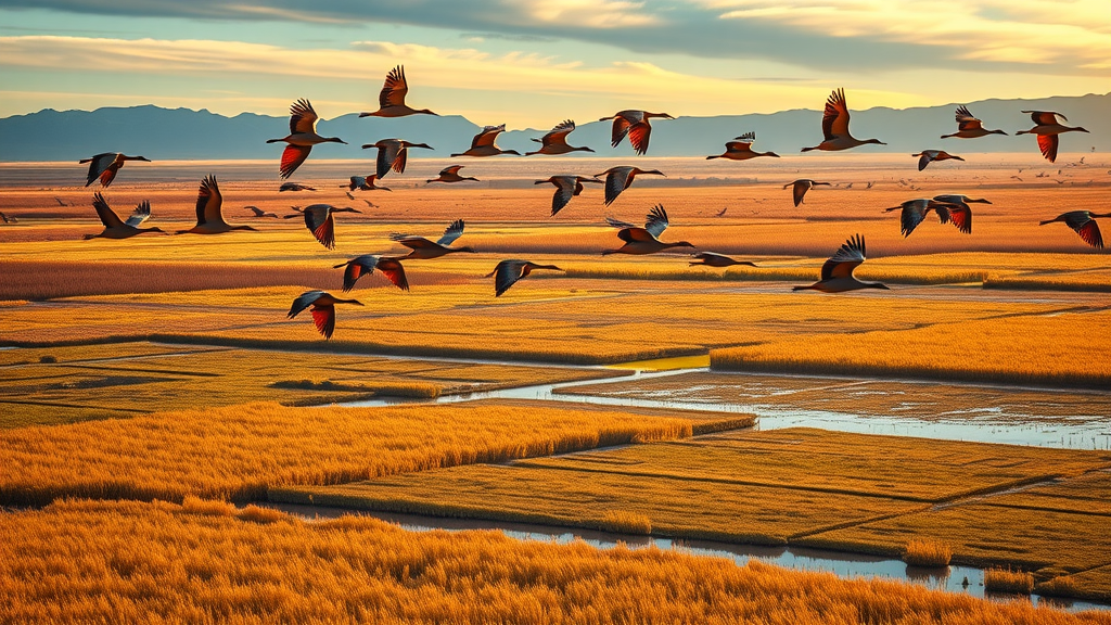 Migrating sandhill cranes above Monte Vista National Wildlife Refuge golden wetlands