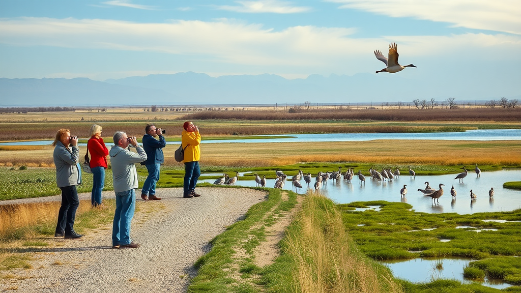 Birdwatchers at Monte Vista National Wildlife Refuge observing cranes in wetlands