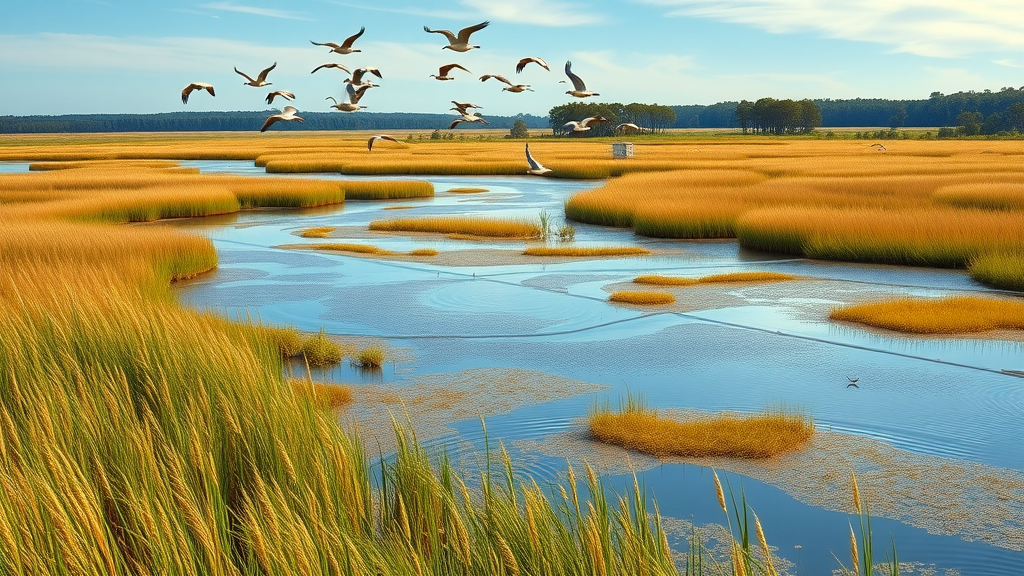 Salt marsh at Stewart B. McKinney National Wildlife Refuge with migratory birds in flight