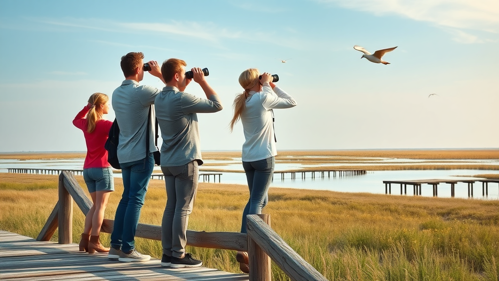 Birdwatchers at observation deck in Stewart B. McKinney National Wildlife Refuge salt marsh