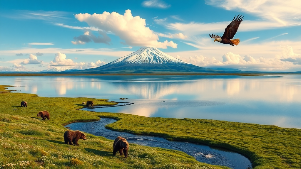 Becharof National Wildlife Refuge panoramic view with lake, volcano, bears, and eagle