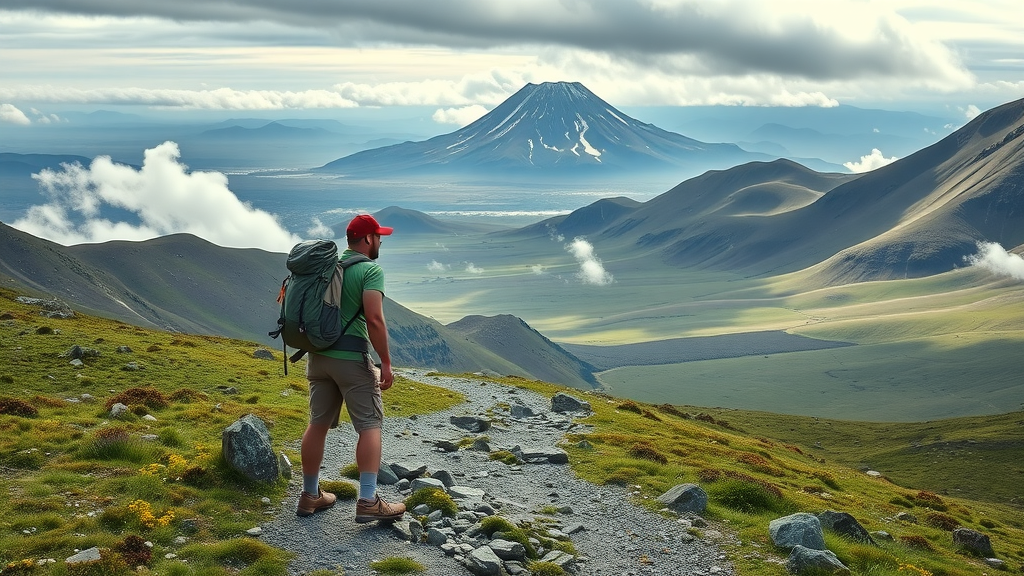 Hiker on Kanatak trail in Becharof National Wildlife Refuge with volcanic backdrop